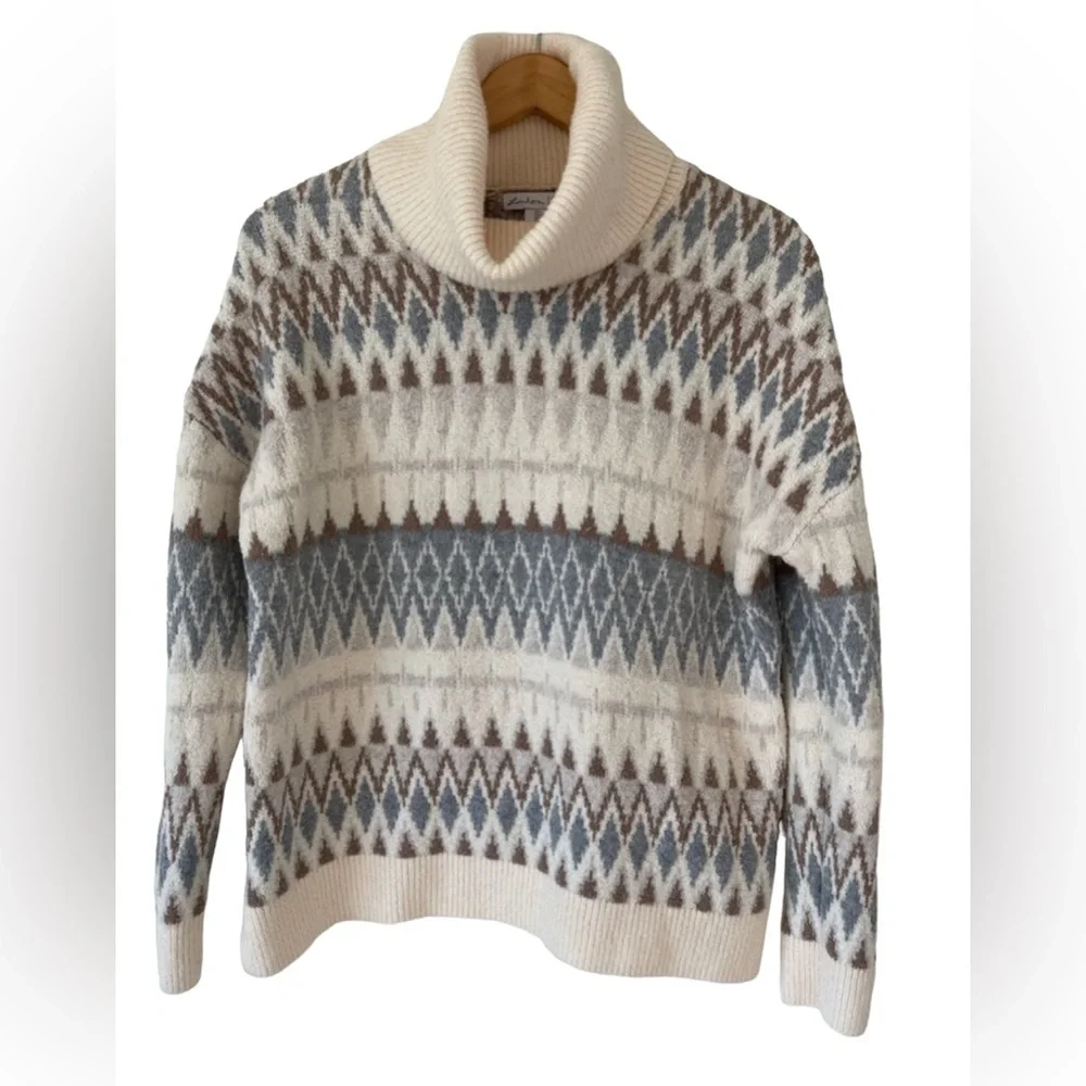 London Kaye Fair Isle Cowl Neck Sweater Medium Cream Blue Brown